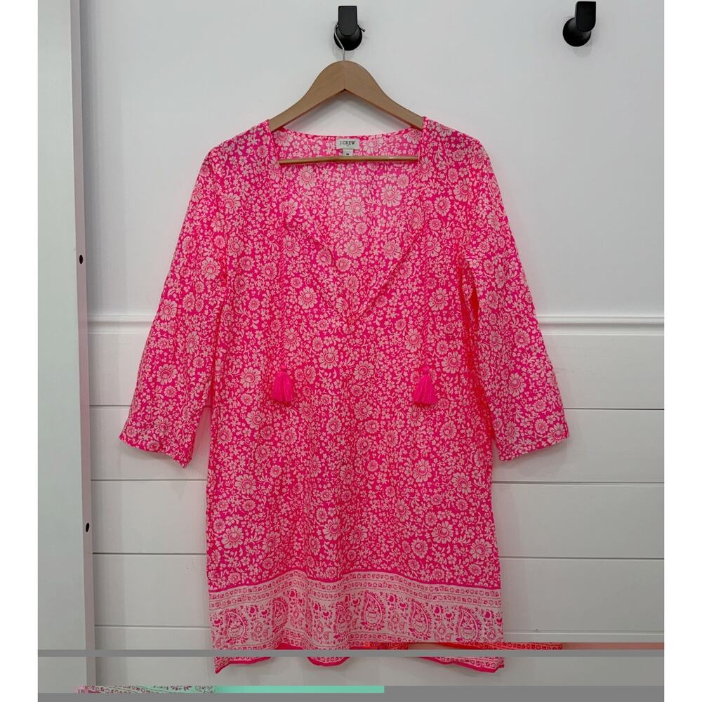 Women’s J. Crew Border Printed Cover Up Tunic Dress Neon Pink M